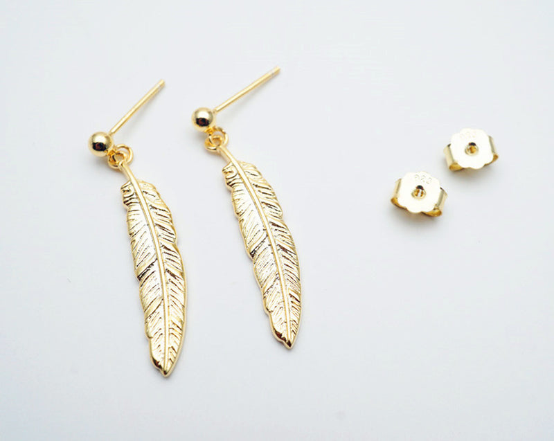 Japanese Light Luxury Jewelry S925 Sterling Silver Plated 18K Gold Vintage Feather Earrings Simple Japanese and Korean Earrings Jewelry