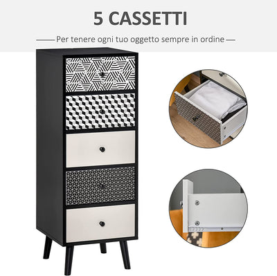 Mobile Cassettiera 5 Cassetti Fantasia Geometrica, Arredamento Moderno Camera E Ingresso, 40X40X111.5Cm Nero Grigio