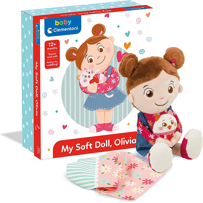 - Olivia, My Soft Doll Stoffa 100% Lavabile, Bambola Bambina Con Accessori, Gioco Prima Infanzia 1 Anno (Versione in Italiano), Multicolore, 17737