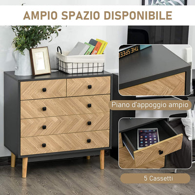 Cassettiera per Camera Da Letto in Legno Con 5 Cassetti, Stile Vintage Industriale, Grigio Scuro, 80X40X80Cm