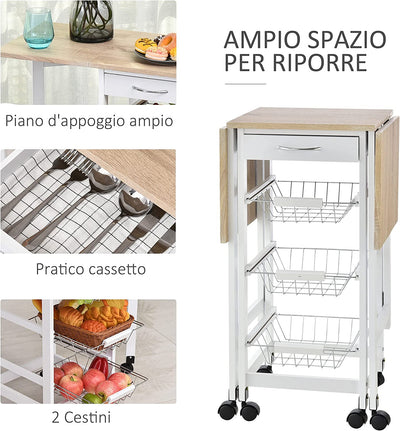 Carrello Da Cucina Con 3 Cestini, Cassetto E Ribalte, 6 Ruote Girevoli, in MDF E Metallo, 37X37X77.5Cm, Bianco E Legno