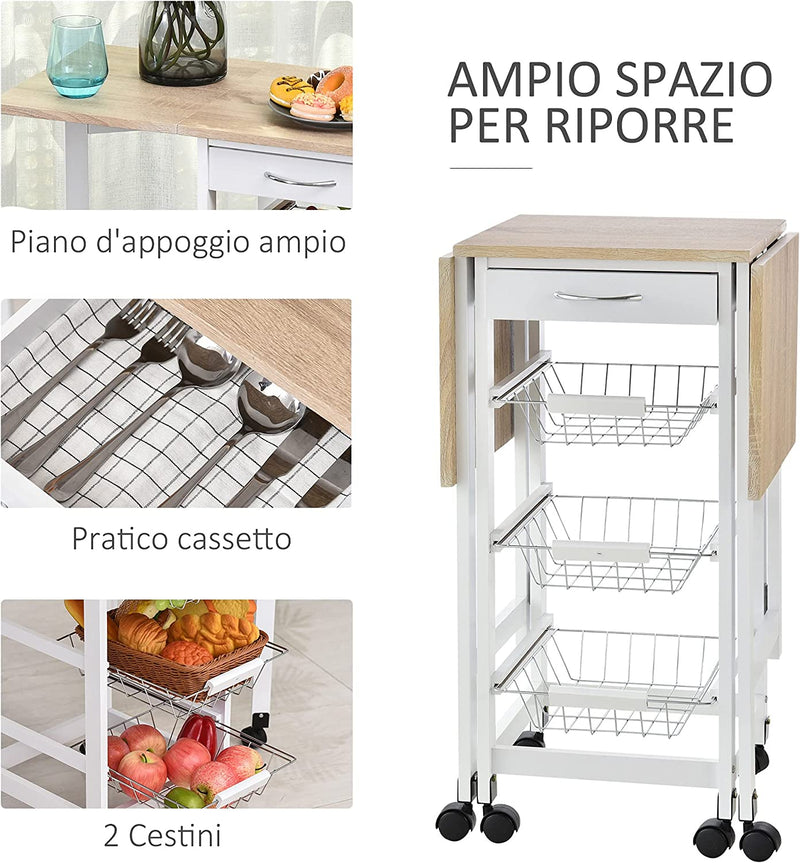 Carrello Da Cucina Con 3 Cestini, Cassetto E Ribalte, 6 Ruote Girevoli, in MDF E Metallo, 37X37X77.5Cm, Bianco E Legno