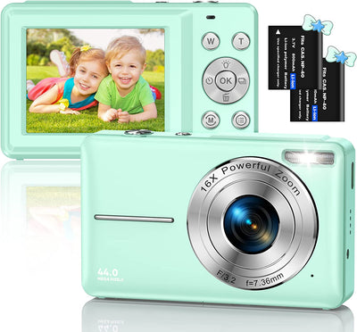 Fotocamera Digitale Compatte 1080P 44MP FHD Macchina Fotografica Digitale,Fotocamera Digitale Con 2,5 Pollici Schermo Zoom Digitale 16X,Ricaricabile Vlogging Fotocamera per Bambini,Adulti(Verde)