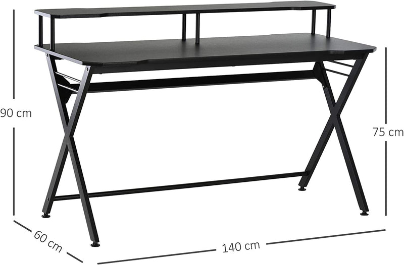 Scrivania Da Gaming Ergonomica Con Piano Rialzato per Monitor E Gancio Cuffie,Scrivania per Computer in MDF E Acciaio Nero, 140 X 60 X 90Cm