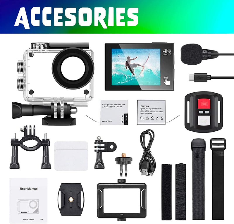 Action Cam, 20MP Action Cam 4K Con Touch Screen,Angolo Di Visione Regolabile, Impermeabile Fino a 40M Sotto L&