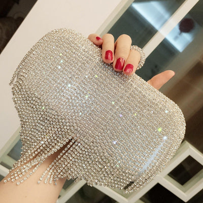 2021 New Shiny Diamond Ladies Fringed Hand Bag Bag Bag Bag Night Party Party Bride Xiekua Package