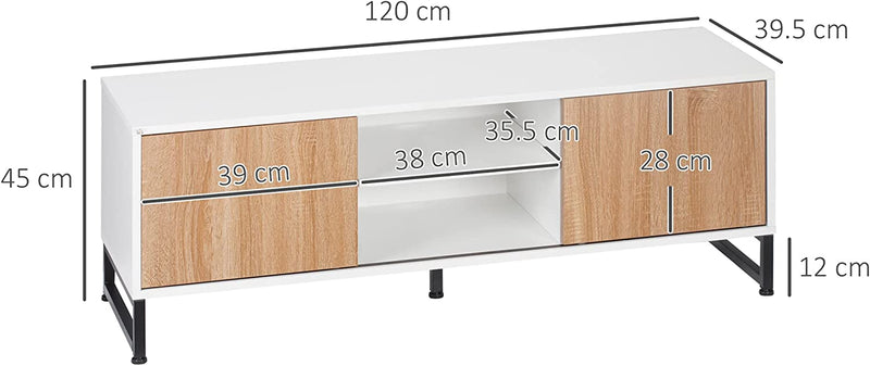 Mobile TV per Modelli Fino a 50" Max, Mobile TV Moderno in Truciolato E Acciaio Con 2 Ripiani Aperti E 2 Armadietti Chiusi, 120X39.5X45 Cm