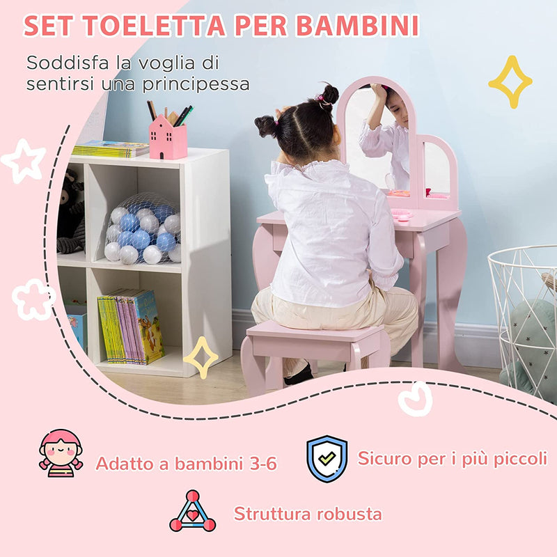 Tavolo per Trucco per Bambine 3-6 Anni Con Sgabello, Cassetti E Specchio Coordinato in Acrilico, in MDF E Legno Di Pino, Rosa