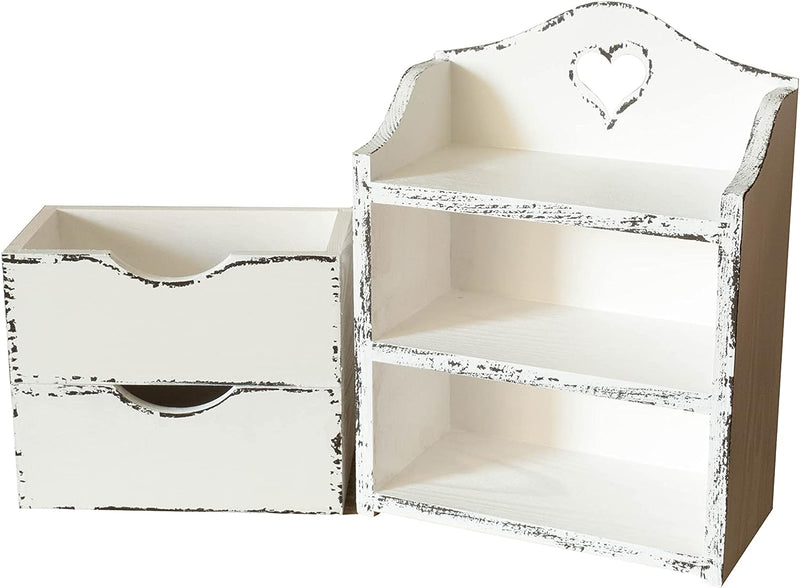 Mini Cassettiera in Legno Con Due Cassetti E Cuore – Bianco Shabby Chic Organizzatore in Legno Organizzatore Da Scrivania – Portagioie