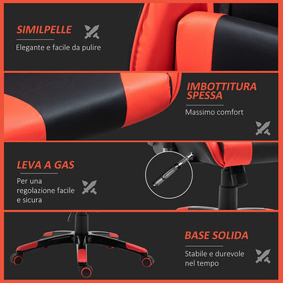 Sedia Gaming Professionale Girevole，Sedia Da Ufficio Reclinabile Con Sostegno Lombare E Collo PVC 67 X 67 X 123-132Cm Nero-Rosso