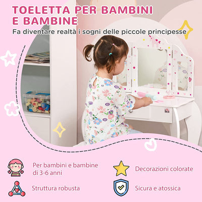 Kids Vanity Table & Stool Girls Dressing Set Make up Desk Chair Dresser Play Set with Rotatable Mirrors Drawer Star & Heart Pattern White