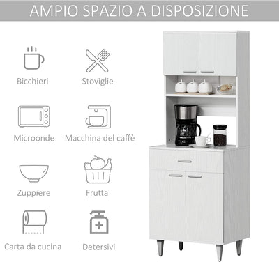 Credenza Alta Da Cucina, Madia Classica Bianca in Legno Con 2 Armadietti E 1 Mensola, Bianco, 60X40X160Cm