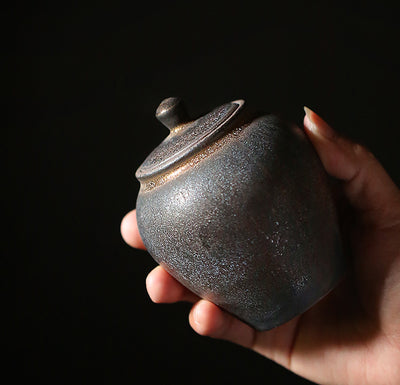 Tiny Gilt Ceramic Tea Caddy Small Stoneware