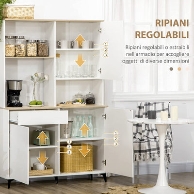 Dispensa Cucina in Truciolato E MDF Con Ripiani Aperti, Armadietti E Cassetto per Utensili Ed Elettrodomestici, 119X41X180 Cm, Bianco