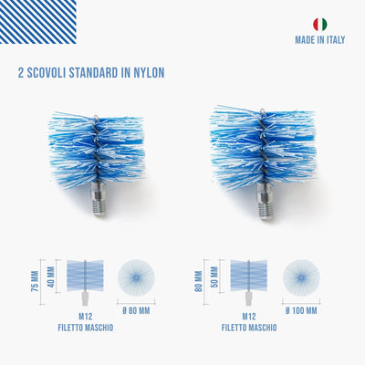 Kit per La Pulizia Della Stufa a Pellet - 2 Prolunghe Flessibili Blu Da 3 Metri (Totale 6 Metri), Curvatura Massima 90° - 2 Scovoli Standard in Nylon (1 Da 80Mm E 1 Da 100Mm)