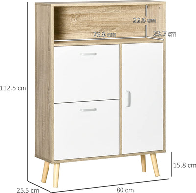 Mobile Scarpiera Salvaspazio per 8 Paia Di Scarpe Con 2 Ante, Armadietto E Vano Aperto in Legno, 80X25.5X112.5Cm, Bianco