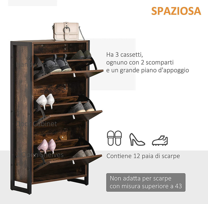 Mobile Scarpiera Salvaspazio Stile Industriale per 12 Paia Di Scarpe, Legno E Metallo, 60X24X115Cm Marrone E Nero