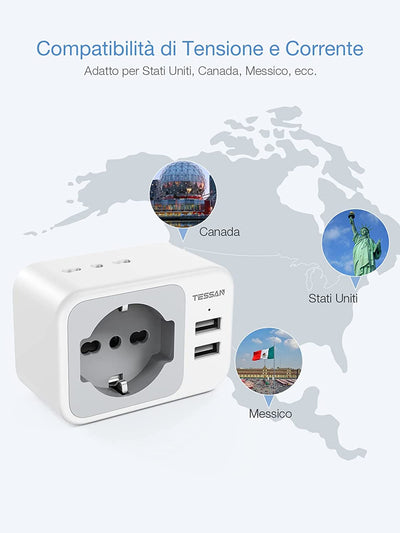 Adattatore Presa Americana Con 2 USB, Adattatore USA Con 2 Prese IT E 1 Presa Schuko, Adattatore Presa USA per America, Canada, Messico, Thailandia, Adattatore Spina Americana Tipo B