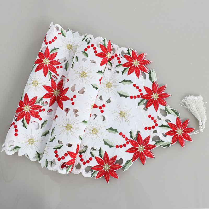 Embroidered Christmas Flower Table Runner