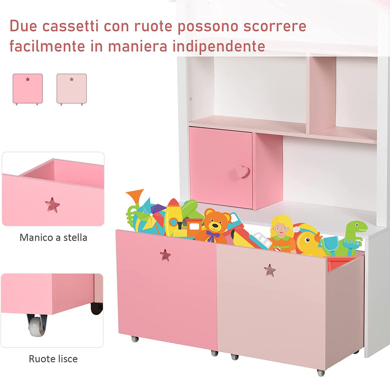 Libreria Scaffale Portagiochi Rosa per Cameretta Bimbi E Ragazzi Con 2 Cassetti Estraibili, 80 X 34 X 130 Cm