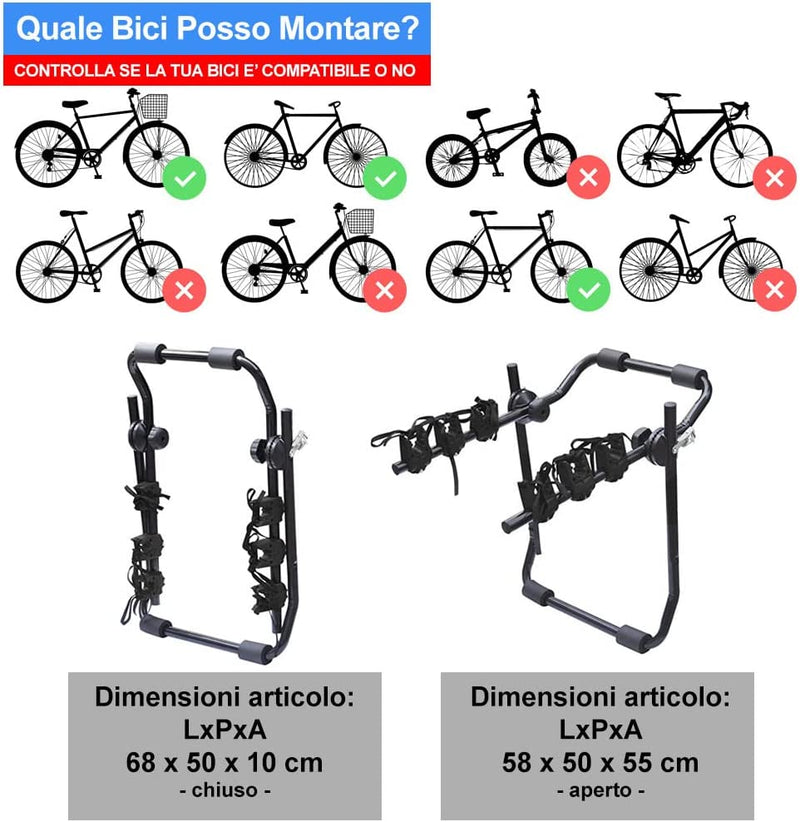 PBAAL_B Portabici Universale Posteriore Auto | Fino a 3 Bici Peso Max Fino a 40 Kg | Con 6 Ganci in Acciaio Zincato | Prodotto Omologato E Certificato