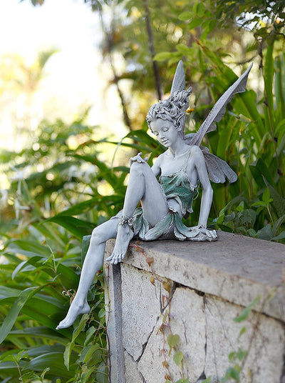 Statuetta Da Giardino, La Fata Del Giardino Statua Seduta, Poliresina, 22 Cm, ​Resistente Alle Intemperie & Gelo, Decorazione, Bianc