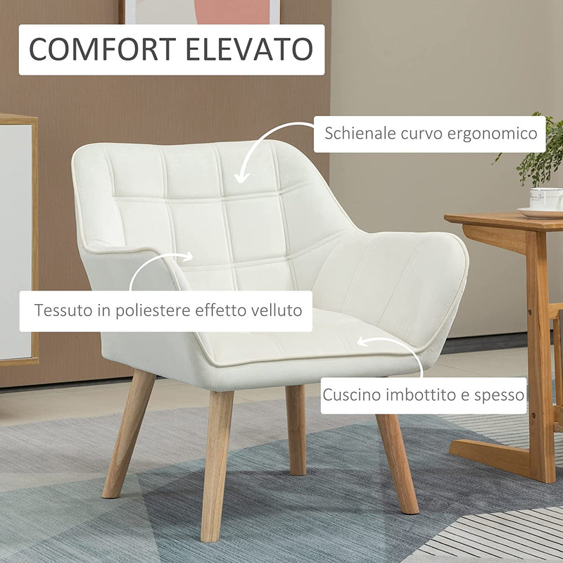 Poltrona Design Scandinava in Legno E Simil Velluto Color Crema, per Soggiorno O Ufficio, 64X61X72.5Cm