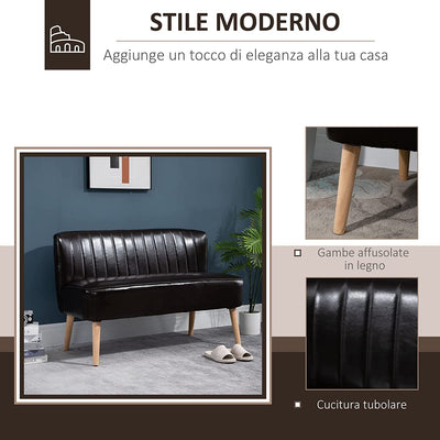 Divano 2 Posti Moderno in Similpelle Senza Braccioli, Struttura E Gambe in Legno, 117X56.5X77Cm Marrone Scuro