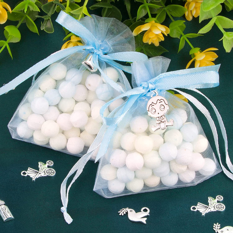 50Pz Sacchetti Battesimo Bomboniere Bambino Blu 50Pz Ciondoli Battesimo Bimbo Sacchetti Portaconfetti Organza Regalo Addobbi Decorazione Nascita Battessimo Compleanno Feste Bambino