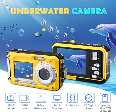 Fotocamera Subacquea, Full HD 2.7K 48MP Impermeabile Fotocamera Digitale Con Microfono LED Luce Di Riempimento Parco Acquatico the Sea per Bambini Ragazzi Ragazze Regalo Giallo