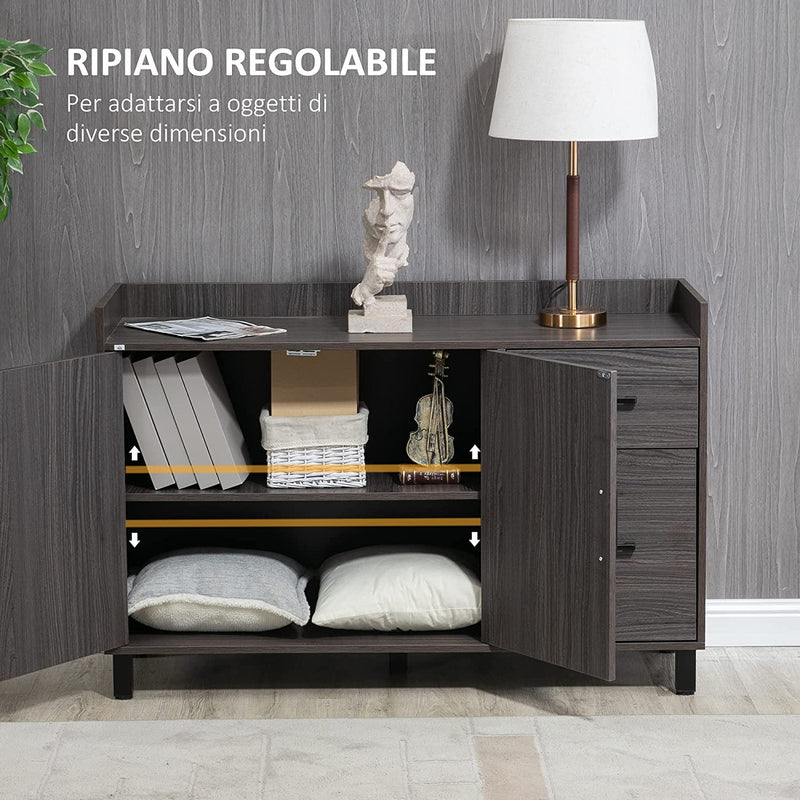 Mobile Multiuso in Legno Con Armadietto 2 Ante E Cassetti, Piccola Credenza per Soggiorno E Ingresso, 120X40X80Cm, Grigio