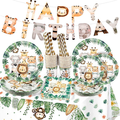 Giungla Safari Set Di Stoviglie Usa E Getta per 25 Ospiti Feste Di Ccompleanno 127 Pezzi, Piatti Di Carta Tovaglioli Cannucce per Wild One Decorazione Di Compleanno Baby Shower Colore Verde