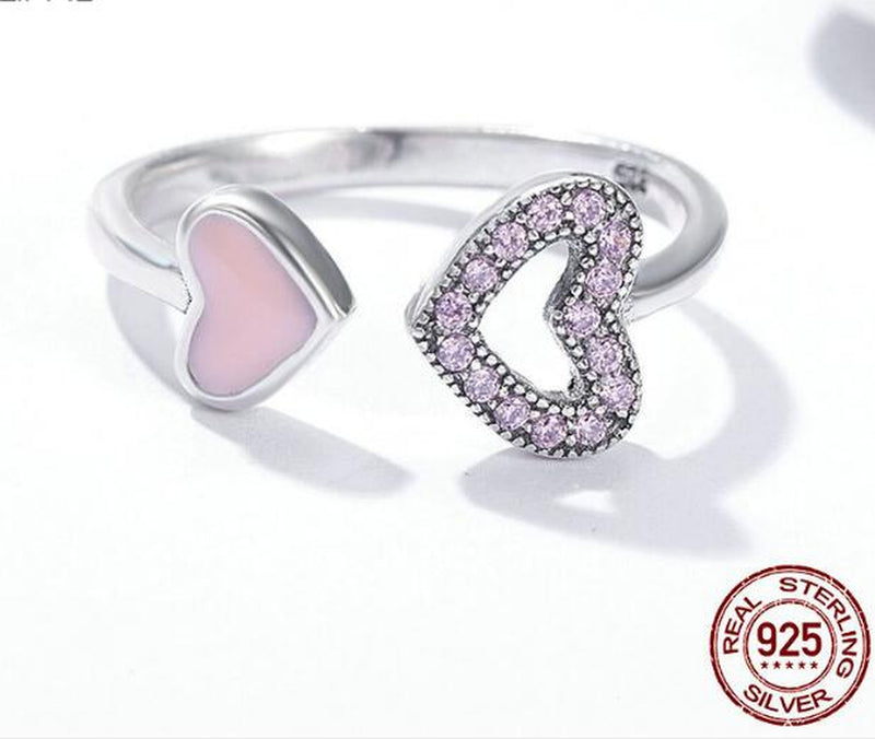 925 Sterling Silver Heart to Heart Enamel & Clear CZ Finger Ring