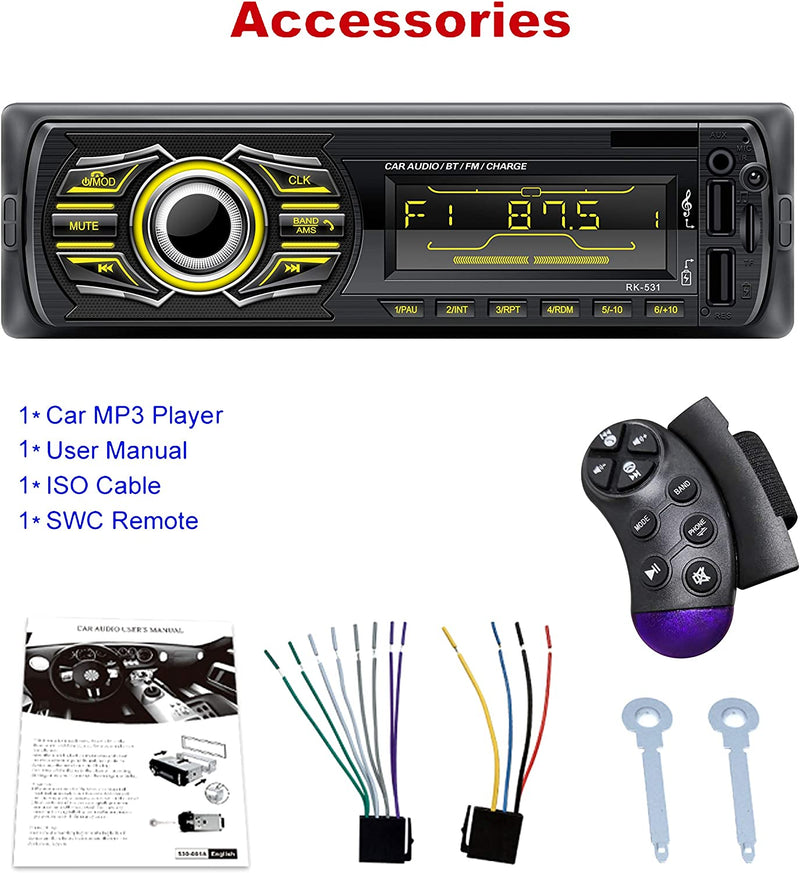 Autoradio Bluetooth, Stereo Auto Supporto Bluetooth Chiamata Vivavoce Lettore MP3 Radio FM, Con Due Porte USB, Volante Telecomando, Supporto Aux/Tf/Carica Rapida