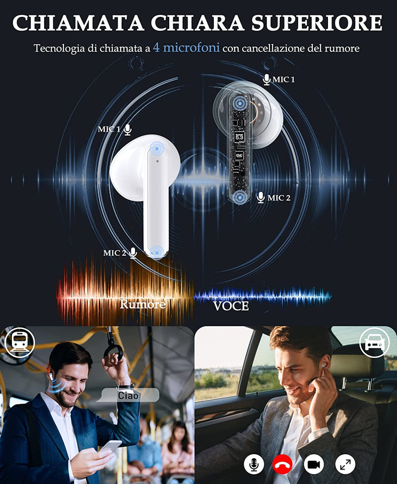 Cuffie Bluetooth 5.3 Auricolari Wireless: Cuffie Wireless Con 4 HD Microfono Stereo Hifi, 40 Ore Cuffiette Bluetooth Sport, Cuffie Senza Fil Compatibilità per Iphone, Xiaomi, Samsung, Android