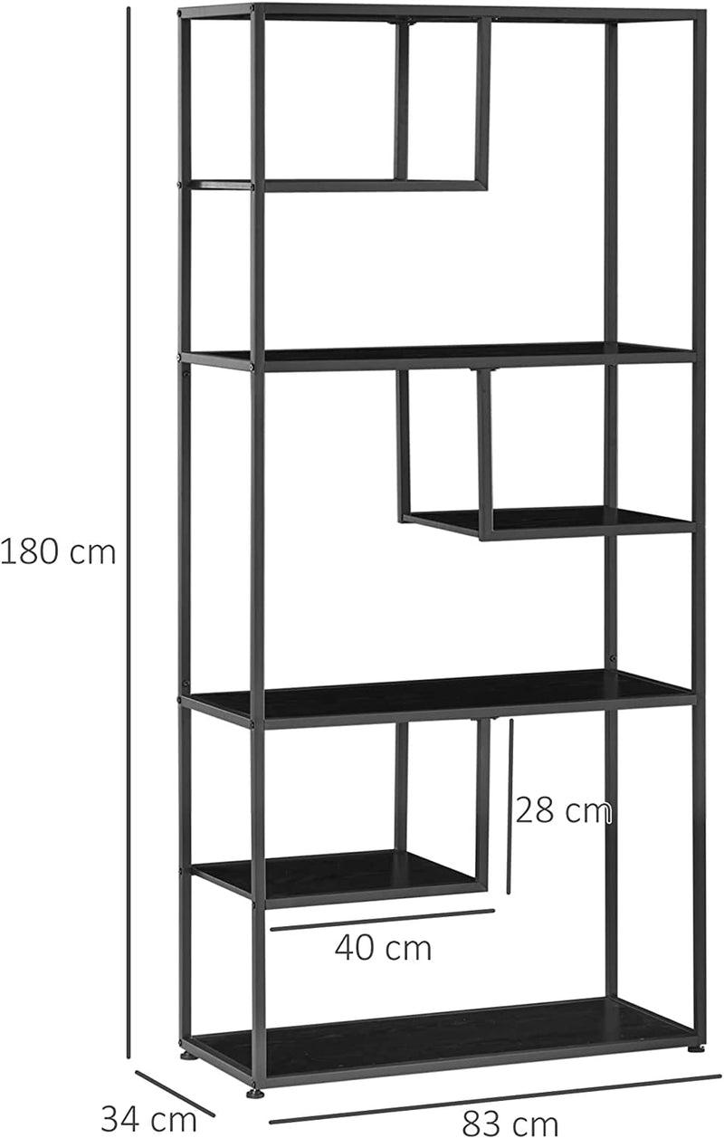 Mobile Libreria a 7 Livelli in Truciolato E Acciaio per Soggiorno, Camera Da Letto E Ufficio, 83X34X180 Cm, Nero