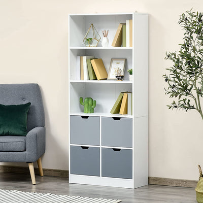 Mobile Libreria Con 4 Cassetti E 3 Ripiani Aperti per Casa E Ufficio, in MDF E Truciolato, 76X30X173Cm, Bianco E Grigio