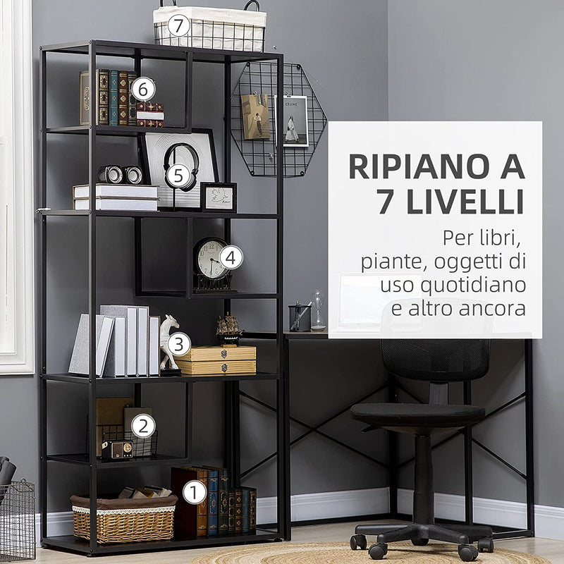 Mobile Libreria a 7 Livelli in Truciolato E Acciaio per Soggiorno, Camera Da Letto E Ufficio, 83X34X180 Cm, Nero