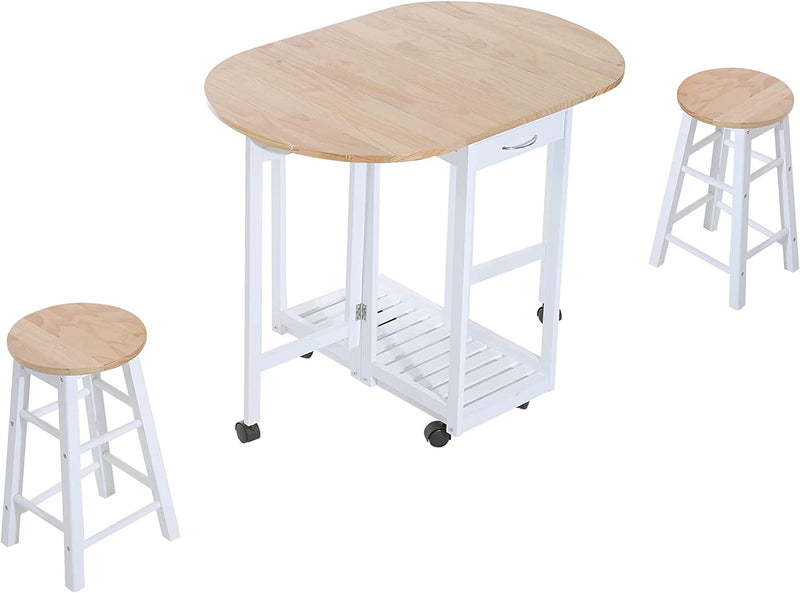 Set 3 Pezzi Con Tavolo Pieghevole E 2 Sgabelli, Carrello Da Cucina Salvaspazio Con 6 Ruote, Bianco E Legno