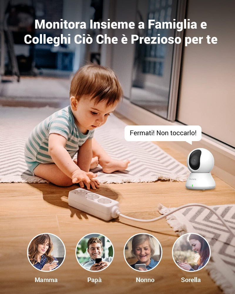 Telecamera Wi-Fi Interno,2K Videocamera Sorveglianza,Rotazione a 360°,Visione Notturna, Tracciamento Del Movimento,Audio Bidirezionale Compatibile Con Alexa&Google Assistant&Ifttt