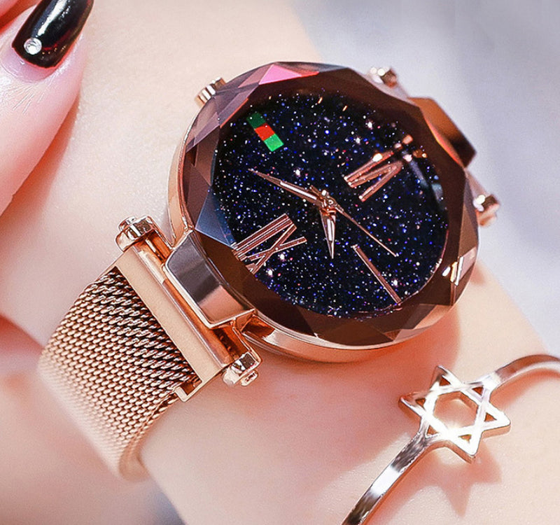 Luxury Women Watches Mesh Ladies Clock Magnet Buckle Starry Diamond Geometric Surface Quartz Wristwatch