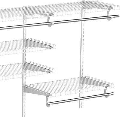 Organizer in Acciaio Montato a Muro Con 9 Ripiani Regolabili E 5 Aste per Appendere, 249.4X38.8X162 Cm, Bianco