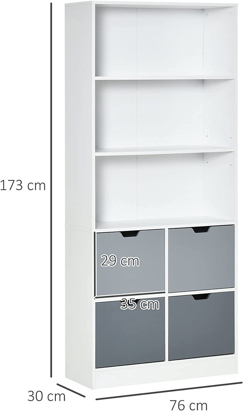 Mobile Libreria Con 4 Cassetti E 3 Ripiani Aperti per Casa E Ufficio, in MDF E Truciolato, 76X30X173Cm, Bianco E Grigio