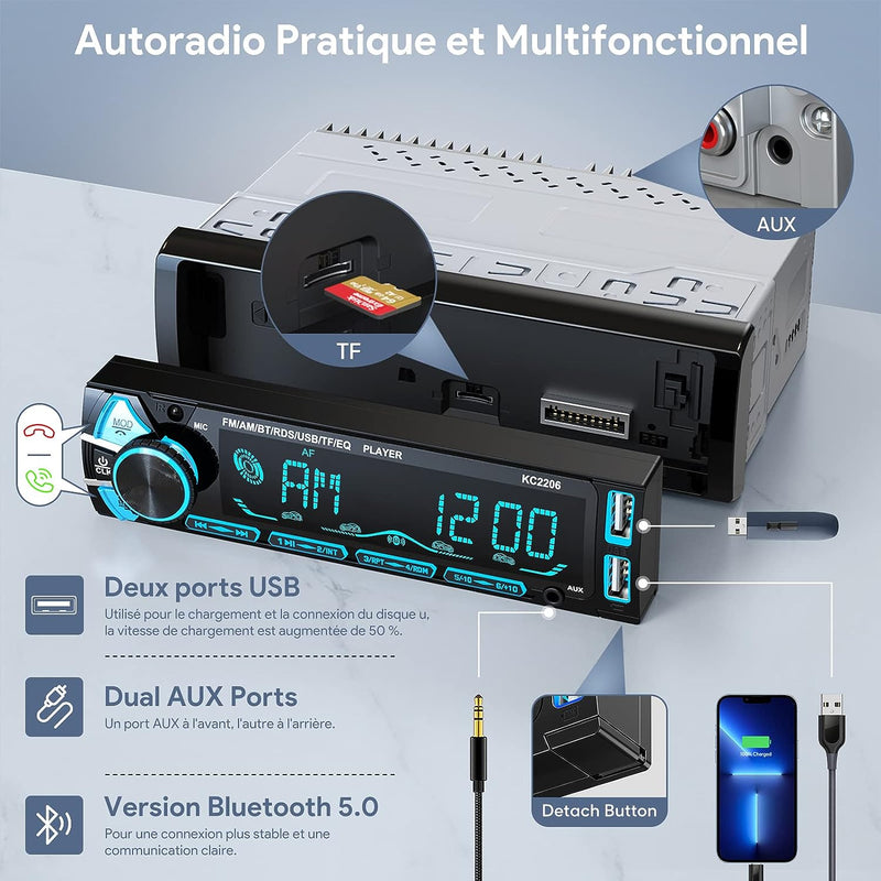 RDS Autoradio Bluetooth Con Estraibile Frontalino,  1 DIN Stereo Auto Bluetooth Con Telecomando, 4X65W Autoradio Con Lettore MP3 E Due Porte USB, Supporta Am/Fm/Aux/Sd/Ios/Android（Multicolore）