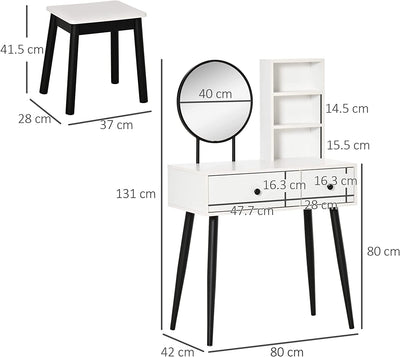 Set Tavolo per Trucco Con Sgabello E Specchiera, Toeletta Con 2 Cassetti E 3 Mensole in Legno, Bianco E Nero