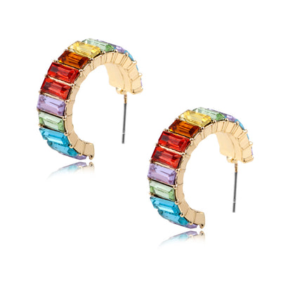 Multicolor Glass Diamond C-Shaped Earrings