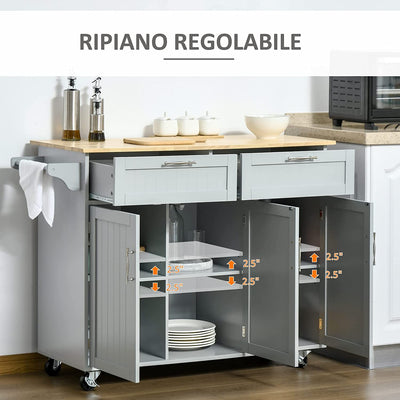 Carrello Da Cucina Multiuso Con 2 Cassetti, 3 Antine E 4 Ruote, in Legno E MDF, 121X46X91Cm, Grigio