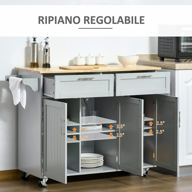 Carrello Da Cucina Multiuso Con 2 Cassetti, 3 Antine E 4 Ruote, in Legno E MDF, 121X46X91Cm, Grigio