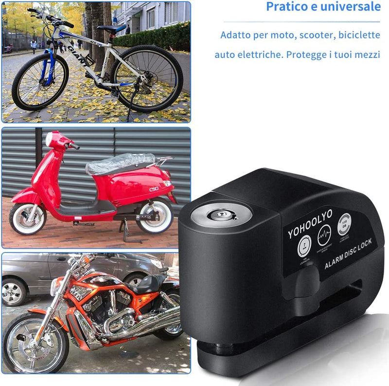 Bloccadisco Moto Lucchetto Antifurto Moto Impermeabile Allarme Sonoro 110DB per Moto, Bici, Motocross E Scooter, Accessori Con 2 Chiavi, Cavo Promemoria Di 1,5M E Borsa Trasporto