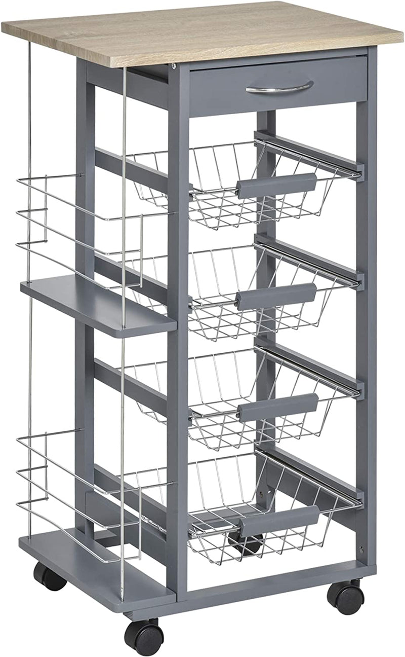 Carrello Da Cucina Salvaspazio in Grigio Scuro, Portavivande Con 1 Piano Di Lavoro 1 Cassetto E 4 Cestelli Metallici, 47X37X83Cm